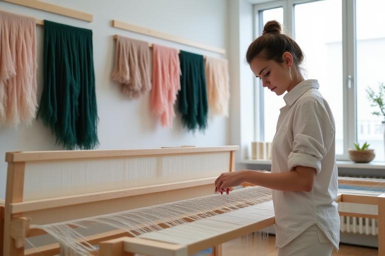 Atelier contemporain de tissage avec une artisane travaillant sur un grand métier à tisser en bois