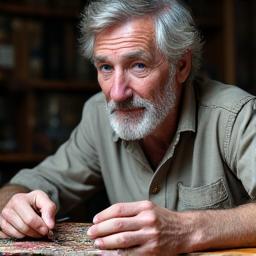 Marc Legrand, restaurateur textile, examinant un ancien tapis