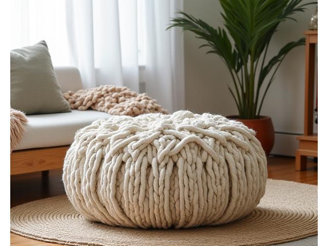 Grand pouf tressé en macramé avec une corde en coton naturel