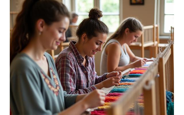Plusieurs personnes participant à un atelier de tissage, concentrées sur leurs métiers à tisser, dans une ambiance créative et collaborative.