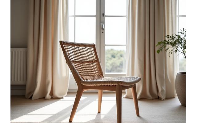 Photo d'une chaise au design moderne avec une assise et un dossier tissés à la main en fibres naturelles, dans un intérieur lumineux.